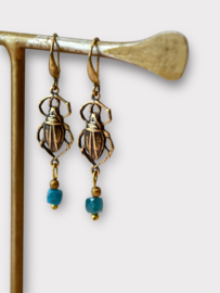 Brass Beetle Earrings Blue