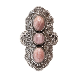 Rhodochrosite 3-Stone Boho Ring Sterling Silver