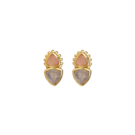 Labradorite And Peach Moonstone Two Stones Gold Vermeil Earstuds / Muja Juma Oorstekers