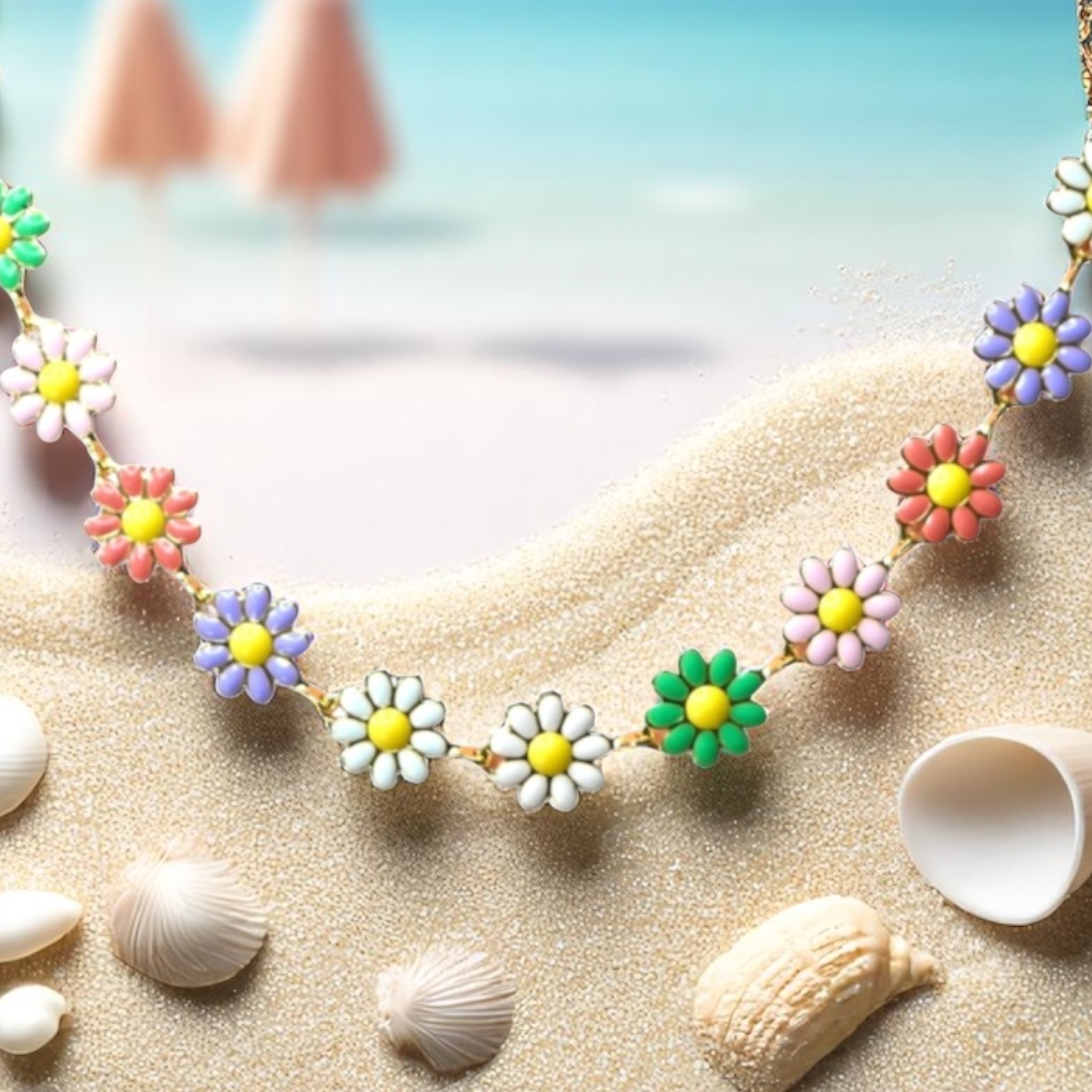 Multi Color Daisy Charm Necklace Gold Plated