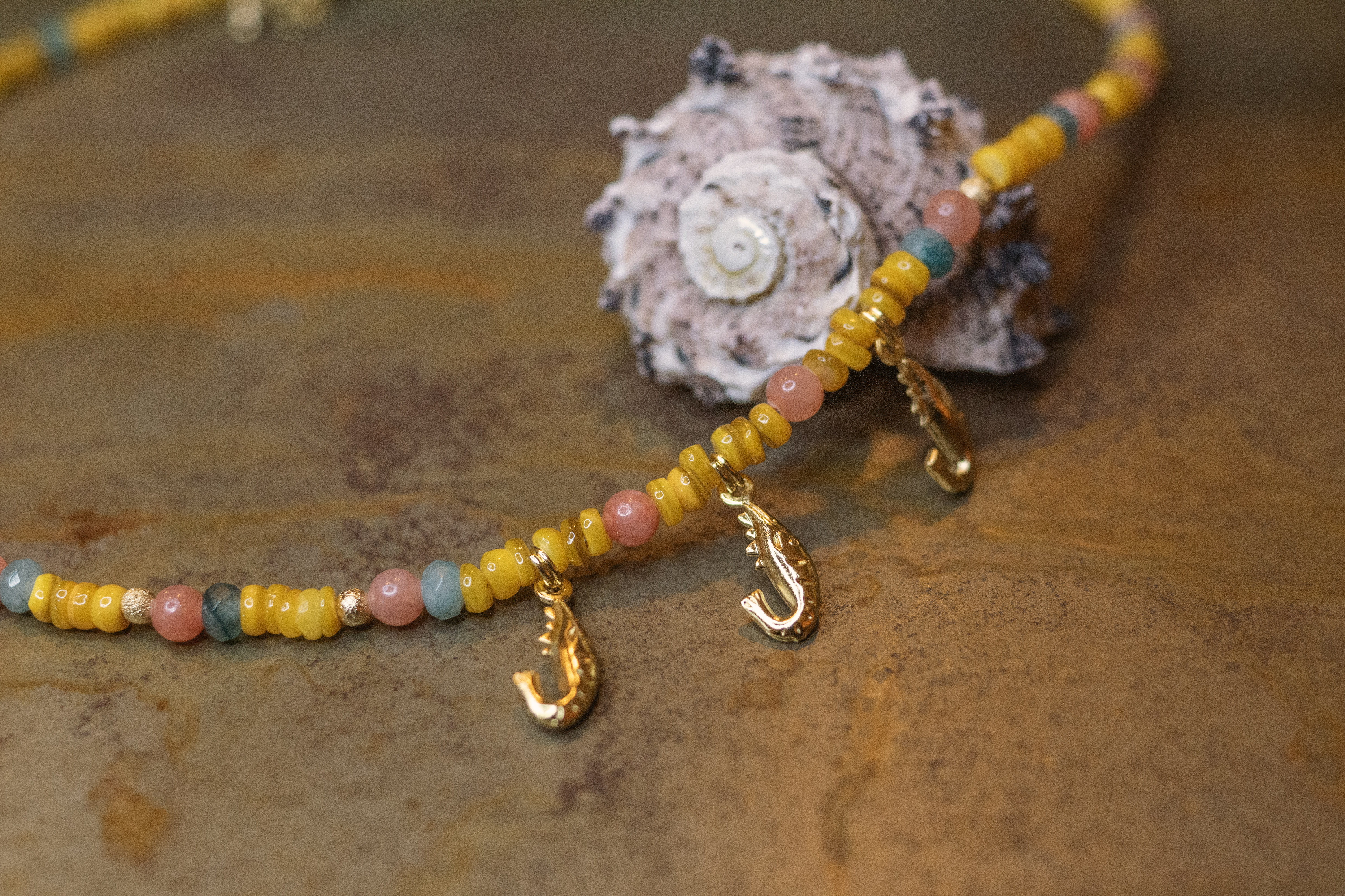 Shrimp Shell & Gemstone Necklace Gold