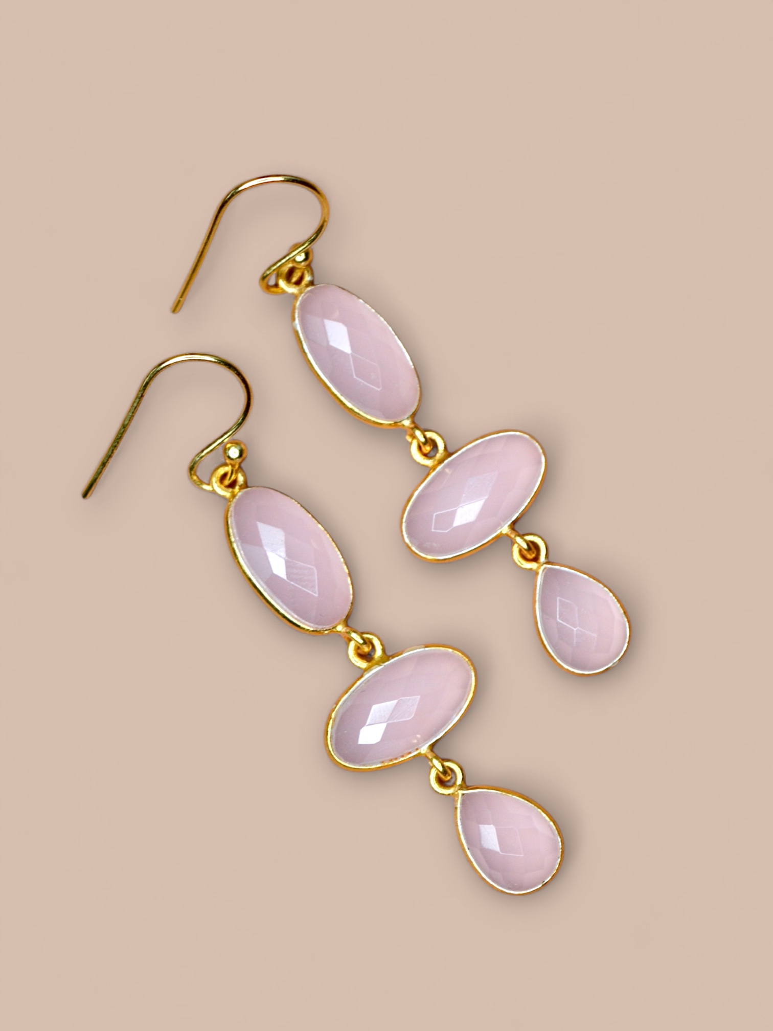 Madurai Long Rose Quartz Earrings Gold Vermeil