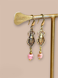 Brass Beetle Earrings Pink