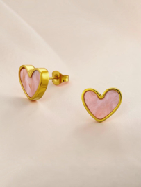 Roze Hart Oorknopjes - Stainless Steel Goud