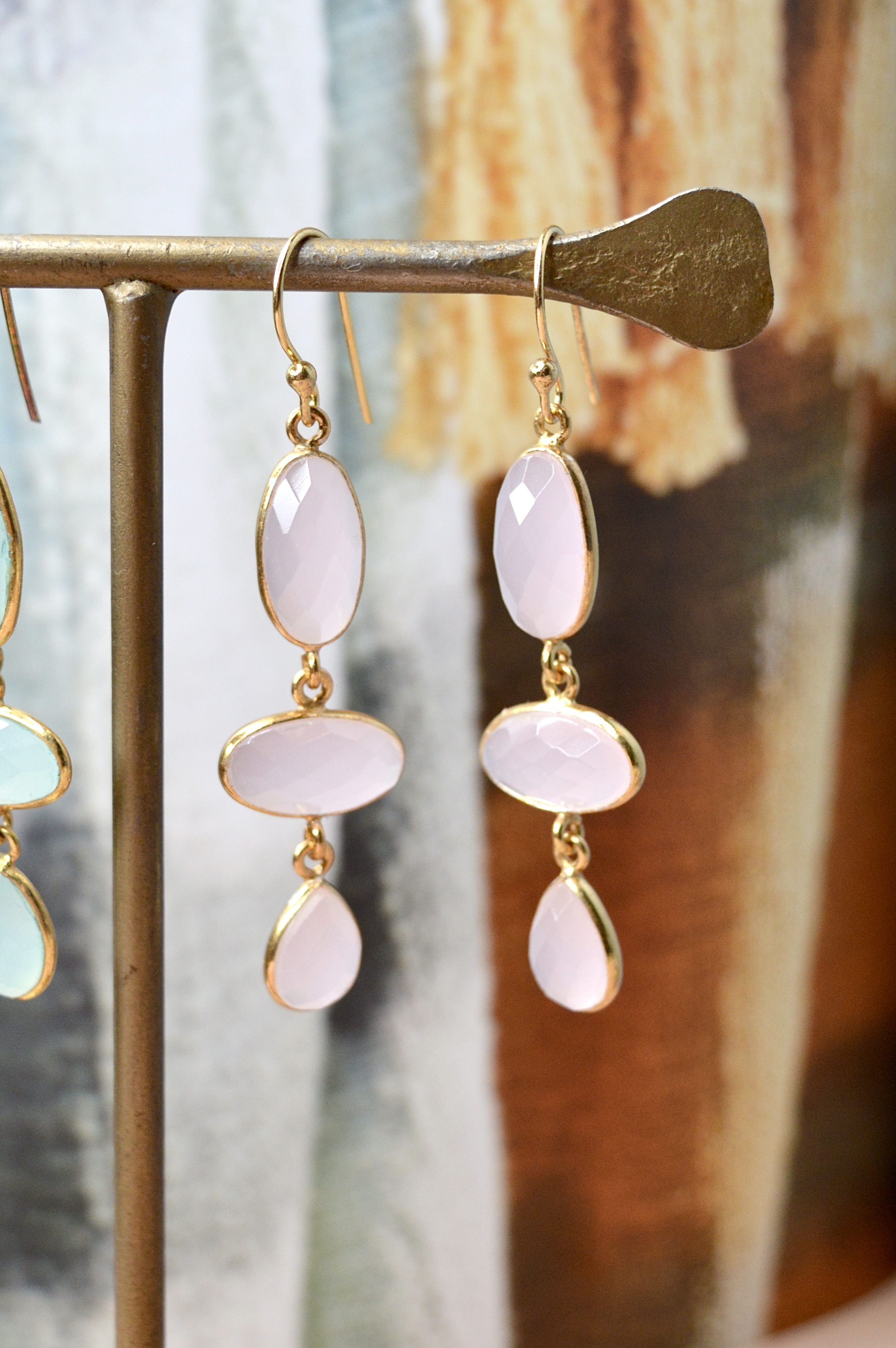 Madurai Long Rose Quartz Earrings Gold Vermeil