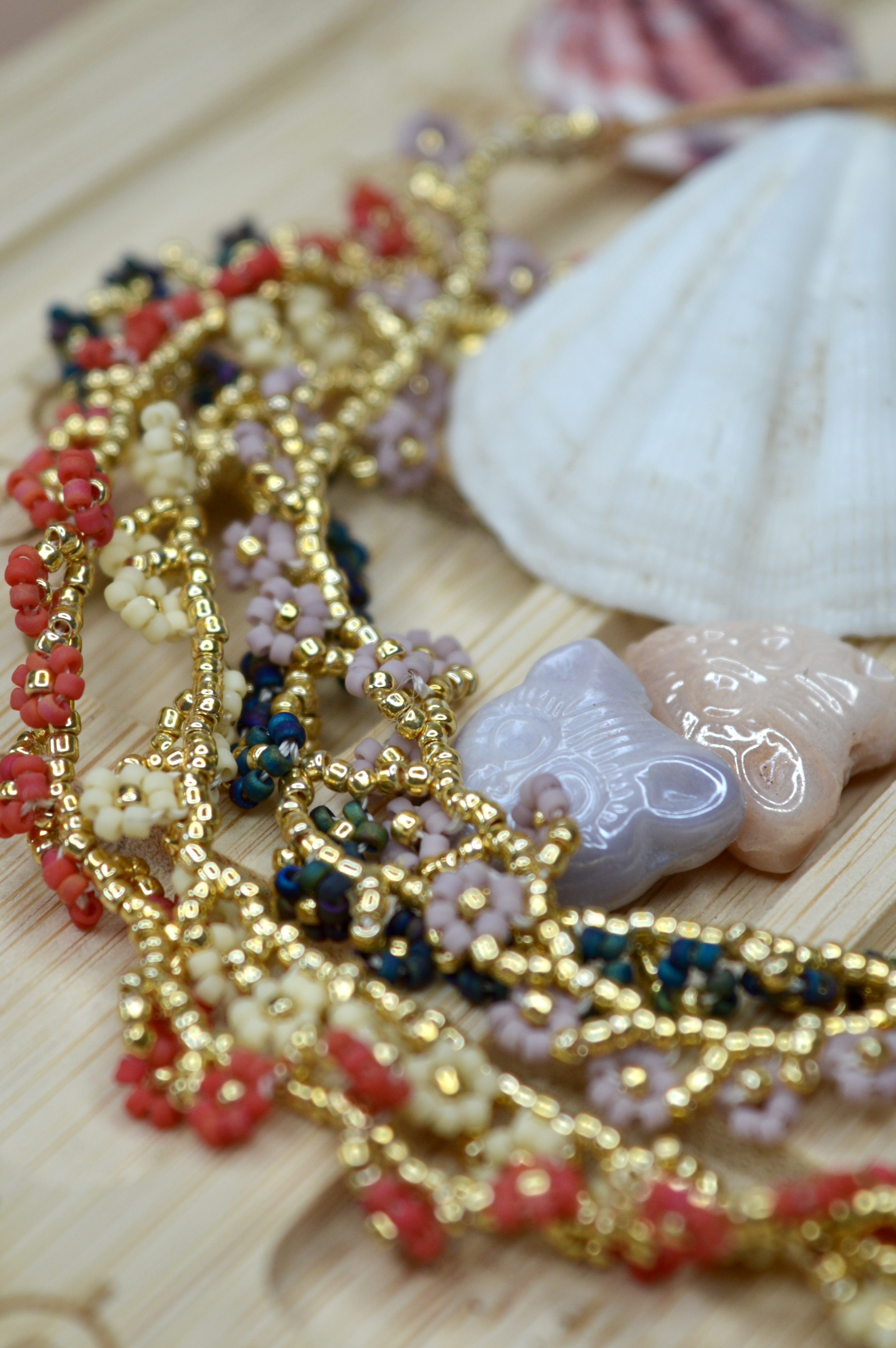Beaded Multi Flowers Bracelet/ Anklet  Lilac Wine