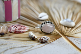 Dotted Oval Rose Quartz Ring / Sterling Silver