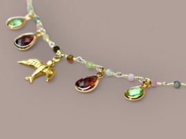 Gemstone & Swallow Charm Necklace Gold Plated