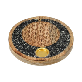 Mango houten - wierook-kegel-houder - Flower of life - toermalijn en pyriet steentjes