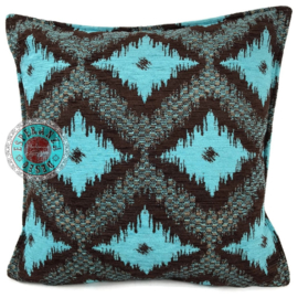 Turquoise met bruin kussen - met ruit/kelim (bruin) patroon ± 45x45cm