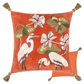 Kussenhoes geborduurd met kwastjes - oarnje met witte reigers - 50x50cm
