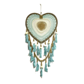 Grote gehaakte Dream catcher - turquoise, creme,  zand 45cm breed en 95cm lang
