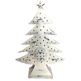 Metalen kerstboom met deurtje voor een (led)kaars/waxinelichtje - wit - gerecycled metaal - 66cm hoog