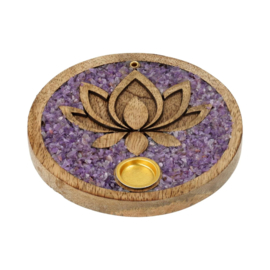 Mango houten - wierook-kegel-houder - Lotus - met amethist steentjes