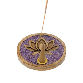 Mango houten - wierook-kegel-houder - Lotus - met amethist steentjes