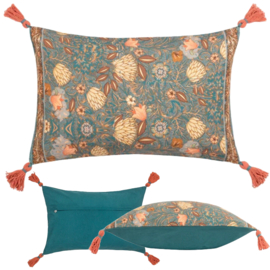 Kussenhoes katoen met kwastjes - vintage bloemen motief - petrolblauw en brickoranje - 30x50cm