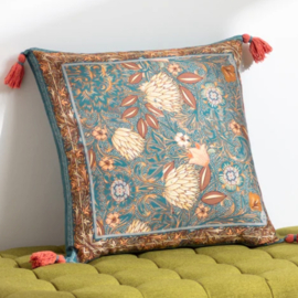 Kussenhoes katoen met kwastjes - vintage bloemen motief - petrolblauw en brickoranje - 50x50cm