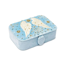 Sieraden / tarotdoos fluweel blauw met engelenvleugels 11x15,5x5 cm