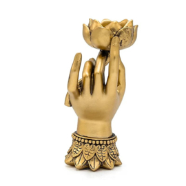 Goudkleurige theelichthouder - Varada Mudra met Lotus - 16 x 8 x 5,5 cm