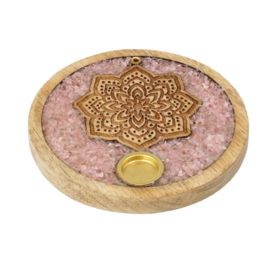 Mango houten - wierook-kegel-houder - Mandala - met rozenkwarts steentjes