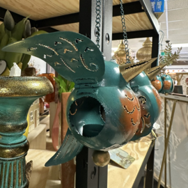 Metalen vogeltje met ophang ketting - petrol & oranje - waxinelichtje ± 12cm dia