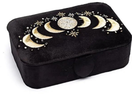 Sieraden / tarotdoos fluweel zwart met maanfasen 11x15,5x5 cm