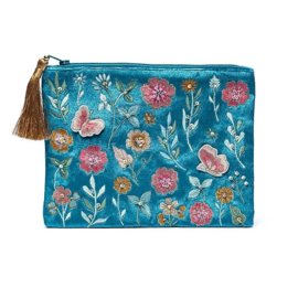 Fluwelen etui met fijn borduurwerk en decoratieve kraaltjes - Blauw met bloemen 20x15cm