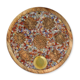 Mango houten - wierook-kegel-houder - 7 Chakra's - met gemengde chakra's steentjes