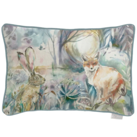 Klein kussenhoesje met bies - Aquarel print haas en vos - Lila en pastel tinten - 25x35cm