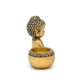 Theelichthouder mediterende Boeddha – goudkleurig – 13 × 6 × 11 cm