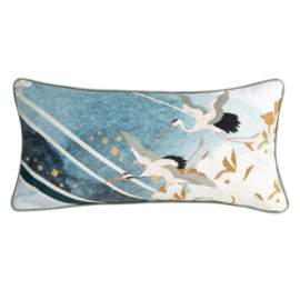 Set van twee prachtige dikke velvet kussens met kraanvogels (1x) 60x60cm en (1x) 30x60cm - wit, mint en petrol en zalm