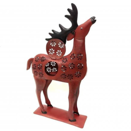 Handgemaakt metalen rendier - rood - 47x11H61cm (met deurtje voor waxinelichtje)