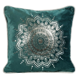 Mandala - zeegroen velvet kussen met mooie zilveren print en bies 45x45cm