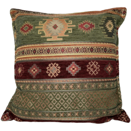 Legergroen en bordeaux rood kussen -  Aztec ± 40x40cm