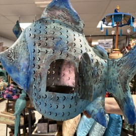 Metalen vis maat M 53cm hoog x 65cm lang in de kleur blauw en mint/turquoise