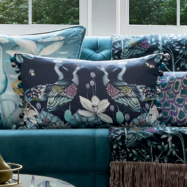 Kussenhoes met pompom - print met vogels en lotusbloemen - donkerblauw - 40x60cm
