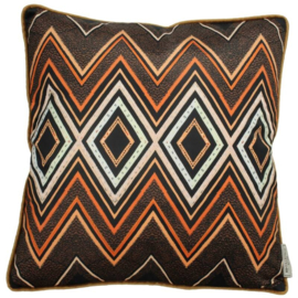 Fluwelen kussen - Tribal patroon, oranje, zwart, bruin, zand 45x45cm