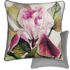 Klein kussentje katoen met bies - aquarel bloemen roze en grijs - 30x30cm (incl. vulling)