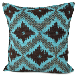 Turquoise met bruin kussen - met ruit/kelim (turquoise) patroon ± 45x45cm