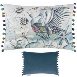 Kussenhoes met pompom - print met vogels en lotusbloemen - grijs met blauw 40x60cm