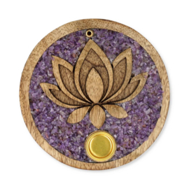 Mango houten - wierook-kegel-houder - Lotus - met amethist steentjes