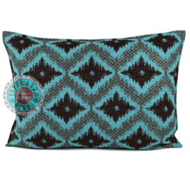 Turquoise met bruin kussen - met ruit/kelim (turquoise) patroon ± 50x70cm