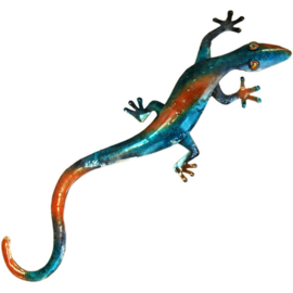 (Fairtrade) Wanddecoratie metaal gekko blauw/bruin/zwart 78x25x4cm