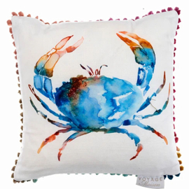 Klein kussentje katoen met gekleurde rand - aquarel krab - 30x30cm (incl. vulling)