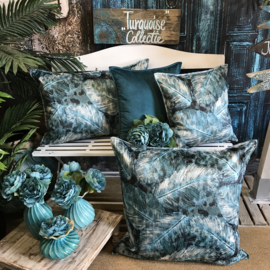 Esperanza Deseo ® vloer/lounge kussen - Turquoise kussen met mooie veren/bladeren print ± 70x70cm