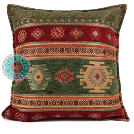 Legergroen en rood kussen -  Aztec ± 45x45cm