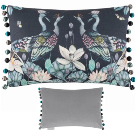 Kussenhoes met pompom - print met vogels en lotusbloemen - donkerblauw - 40x60cm