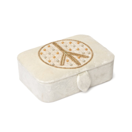 Sieraden- en tarotdoos fluweel gebroken wit met Bloem des Levens en peace teken