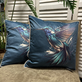 Set van twee kussenhoezen - Velvet print vogel - petrol  blauw - 45x45cm