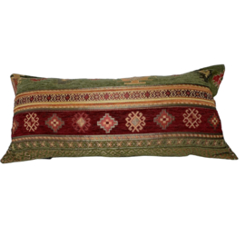 Legergroen en bordeaux rood kussen -  Aztec ± 30x60cm